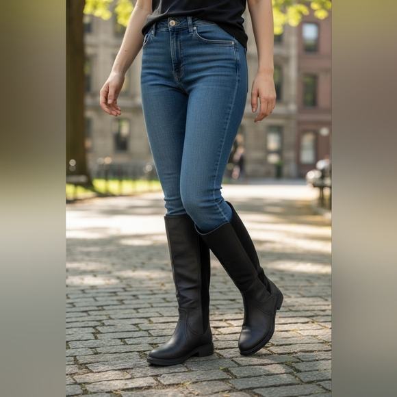 LUCKY BRAND BLACK LEATHER AND SUEDE TALL FLAT BOOTS, SIZE 5 LIKE NEW - Picture 3 of 9